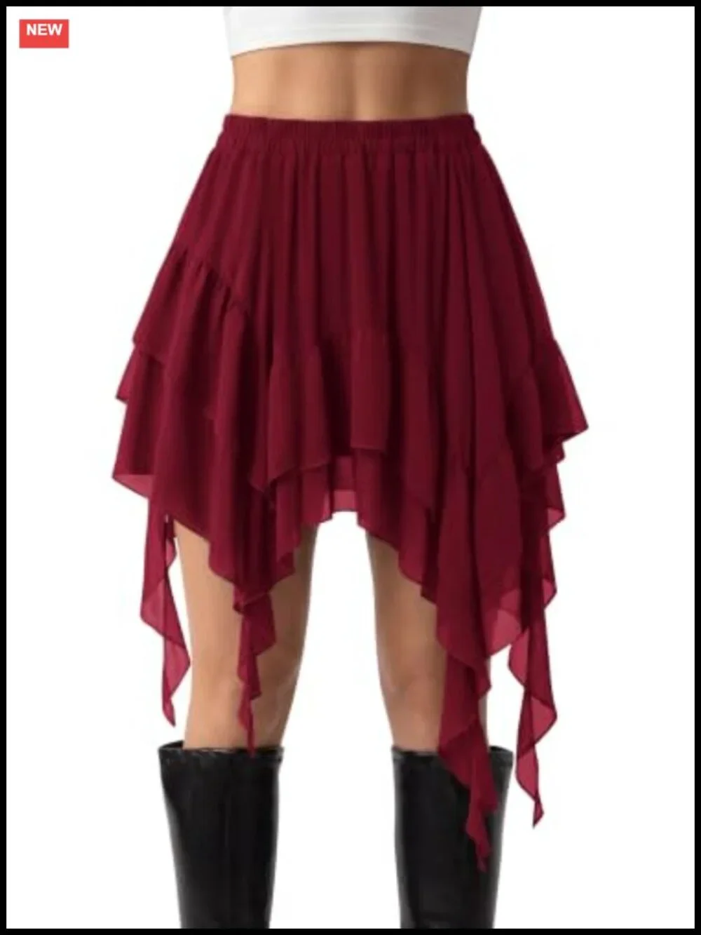 Boho Tiered Ruffle Skort with Built-in Shorts, Asymmetrical Hem, Elastic Waist